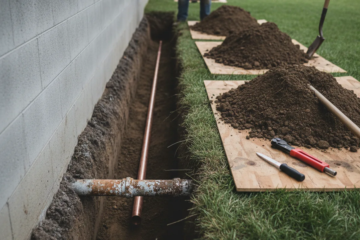 Excavated water line trench during Water Heater Repair in Bolivar